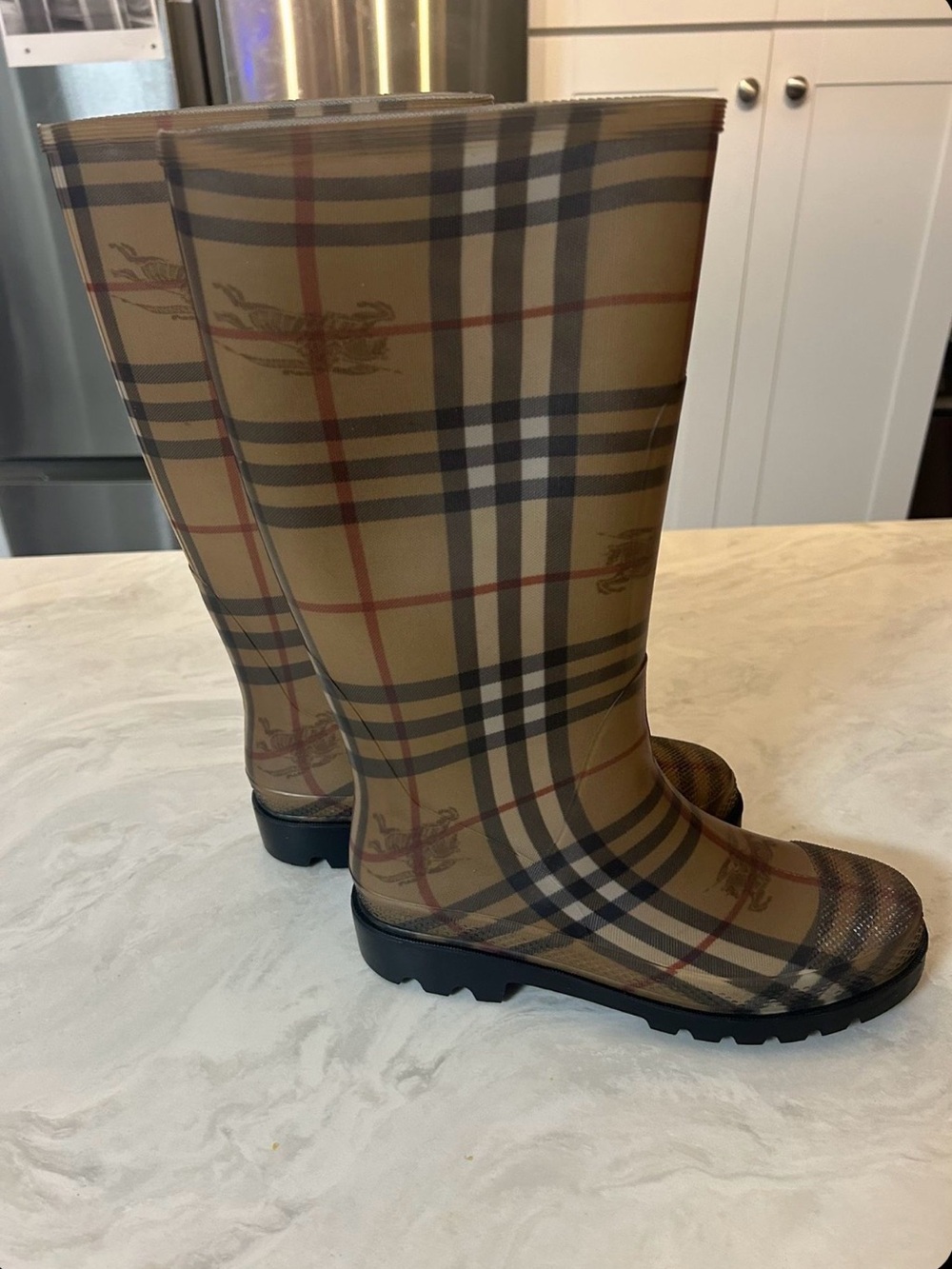 Burberry Beige Plaid Rubber Rain Boots